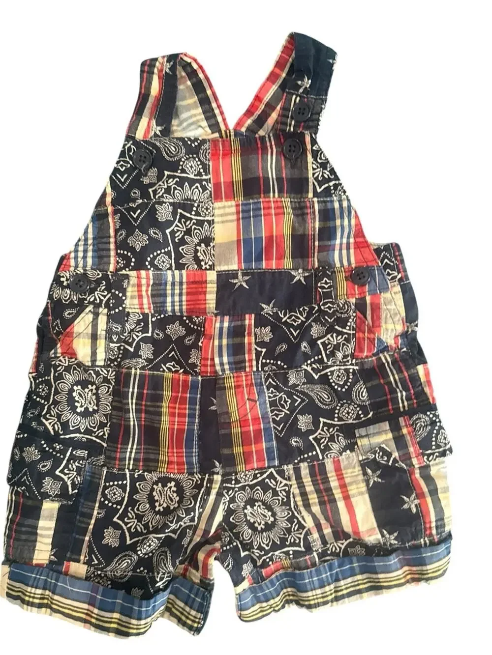 Y2K The Children's Place Patchwork Bandanna Plaid Shorts Overalls Baby 3-6 Month